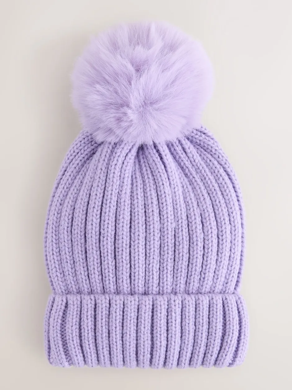 Mutsen, Handschoenen En Sjaals*Next Lila-paars - Geribbelde beanie-muts met pompon (3mnd -16jr)