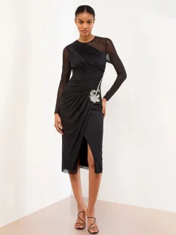 Gelegenheidskleding|Lipsy bodycon midi-jurk van mesh met lange mouwen en versierde rand