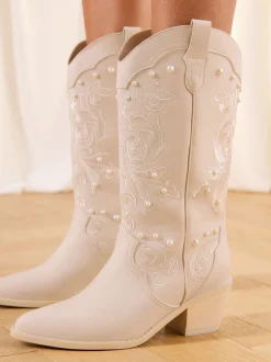 Boots*Lipsy Bridal Pearl Embellished Mid Calf Western Boots