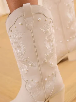 Boots*Lipsy Bridal Pearl Embellished Mid Calf Western Boots