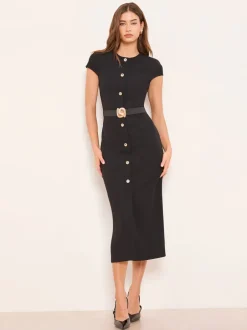 Jurken*Lipsy Cap Sleeve Button Through Belted Bodycon Midi Dress
