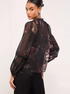 Blouses En Overhemden*Lipsy Floral Lace Insert Sheer Blouse