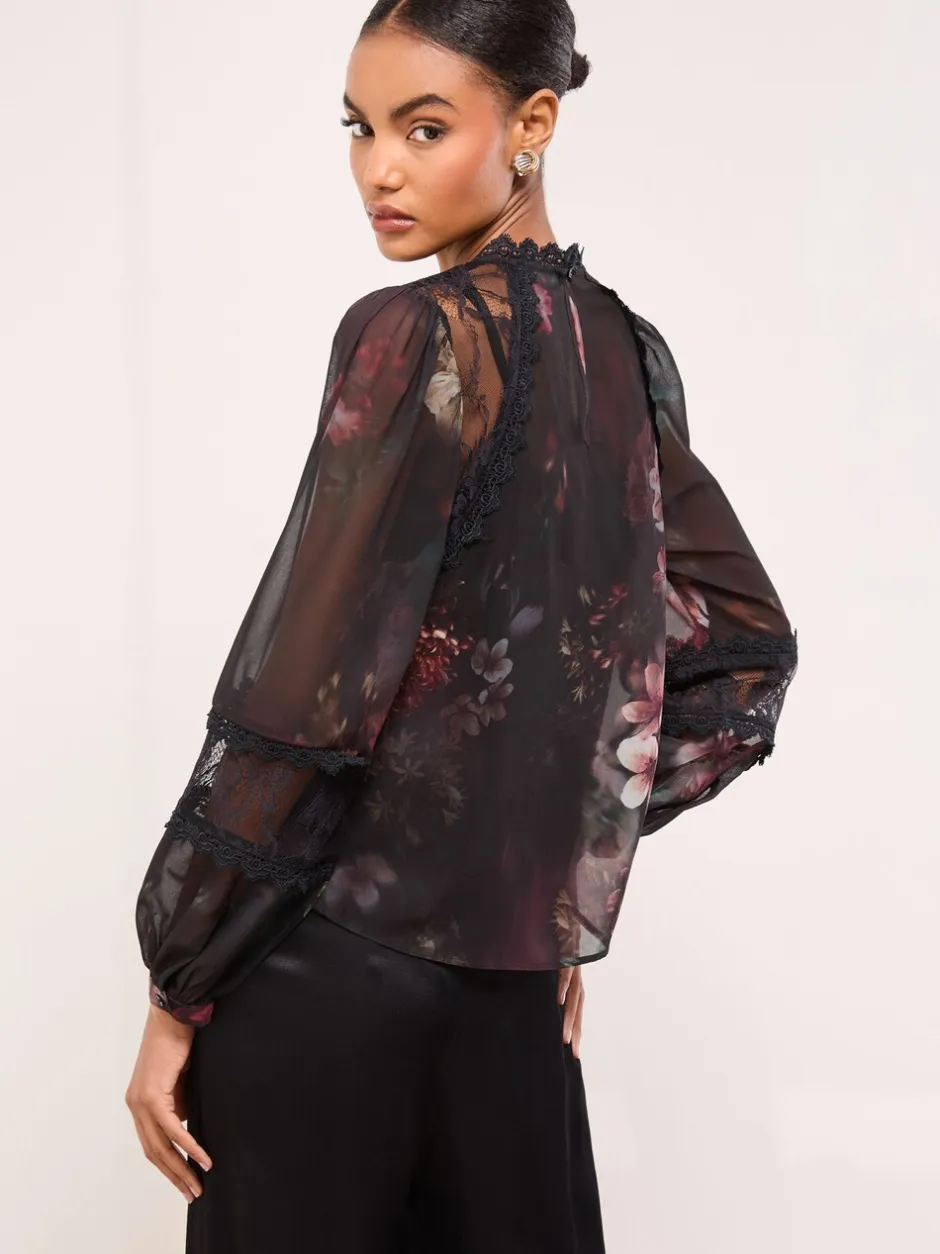 Blouses En Overhemden*Lipsy Floral Lace Insert Sheer Blouse