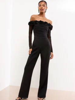 Jumpsuits En Playsuits|Lipsy Flower 3D Trim Bardot Long Sleeve Mesh Jumpsuit