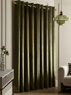 Gordijnen|Gordijnen|Next Liquid Velvet Eyelet Curtains Olijfgroen