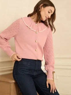 Gebreide Kleding|Love & Roses - Behaaglijke pointelle top met kraag en ajourgebreide mouwen