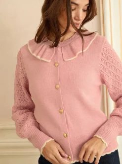 Gebreide Kleding|Love & Roses - Behaaglijke pointelle top met kraag en ajourgebreide mouwen