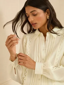Blouses En Overhemden|Love & Roses Long Sleeve Button Through Lace Trim Shirt