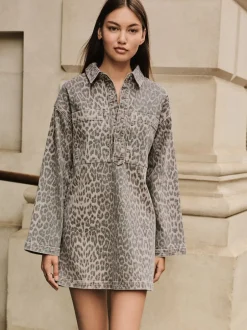 Jurken*Next - Mini Long Sleeve Utility Denim Dress Luipaardprint