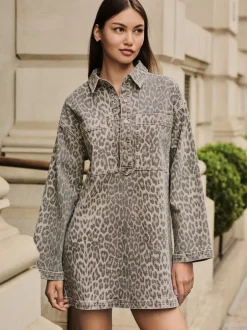 Jurken*Next - Mini Long Sleeve Utility Denim Dress Luipaardprint