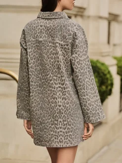 Jurken*Next - Mini Long Sleeve Utility Denim Dress Luipaardprint