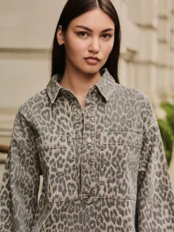 Jurken*Next - Mini Long Sleeve Utility Denim Dress Luipaardprint