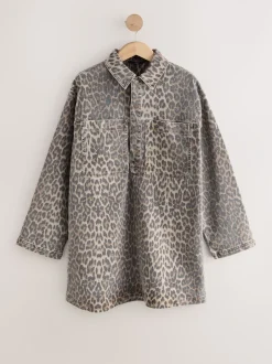 Jurken*Next - Mini Long Sleeve Utility Denim Dress Luipaardprint