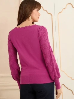 Gebreide Kleding*Love & Roses Magenta-roze - gebreide trui met noppensteek en geschulpte rand