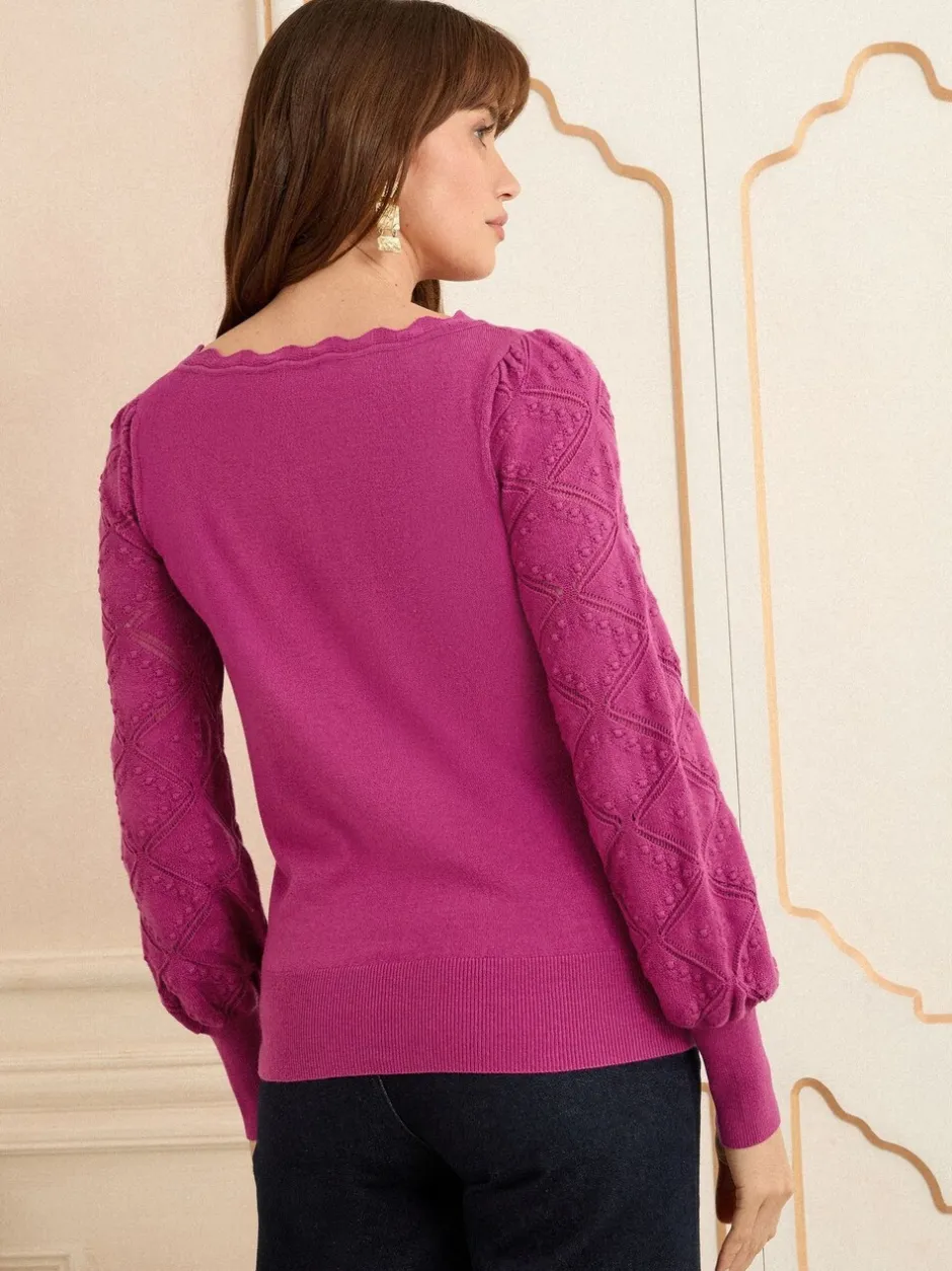 Gebreide Kleding*Love & Roses Magenta-roze - gebreide trui met noppensteek en geschulpte rand