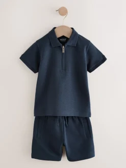 Shorts|Sets En Outfits|Next Marinablauw getextureerd - Set van poloshirt met korte mouwen en short (3mnd-7jr)