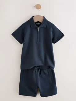 Shorts|Sets En Outfits|Next Marinablauw getextureerd - Set van poloshirt met korte mouwen en short (3mnd-7jr)
