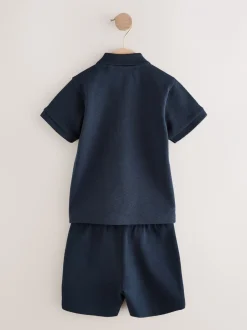 Shorts|Sets En Outfits|Next Marinablauw getextureerd - Set van poloshirt met korte mouwen en short (3mnd-7jr)