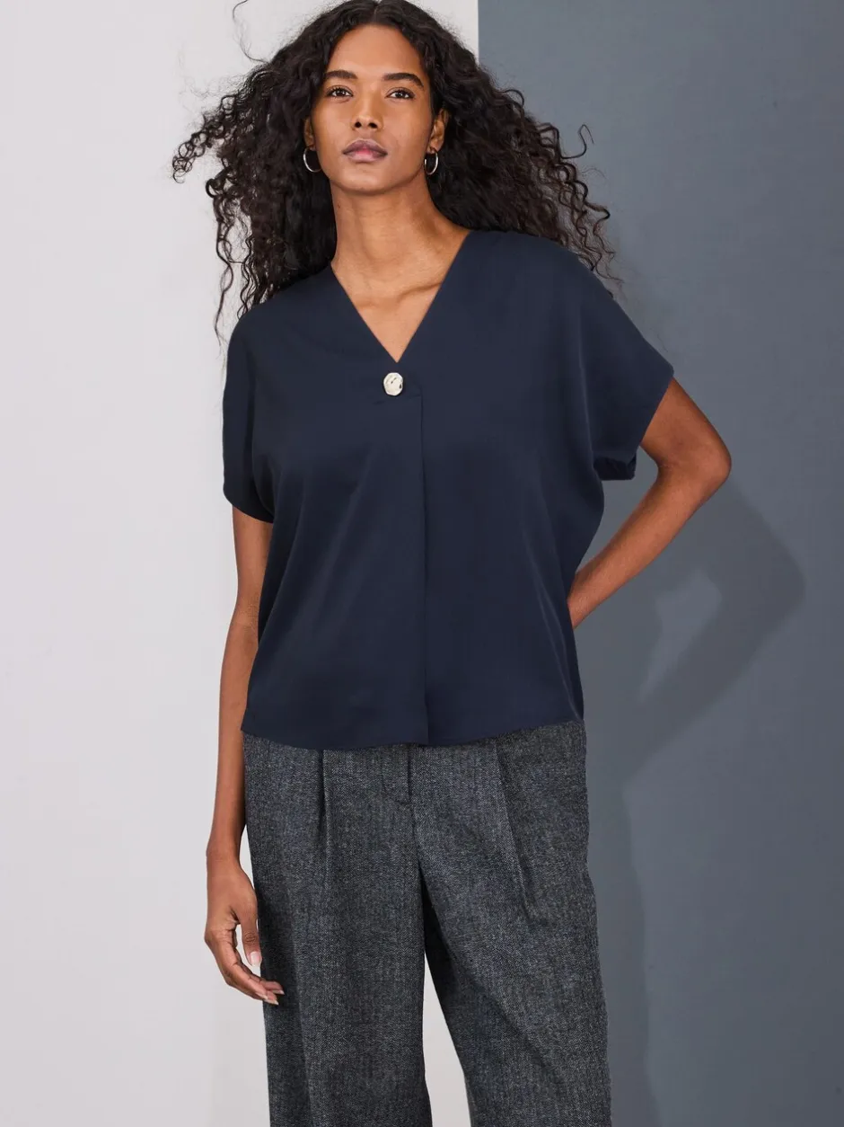 Blouses En Overhemden|Next - Blouse met V-hals en korte mouwen Marineblauw