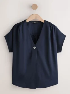 Blouses En Overhemden|Next - Blouse met V-hals en korte mouwen Marineblauw