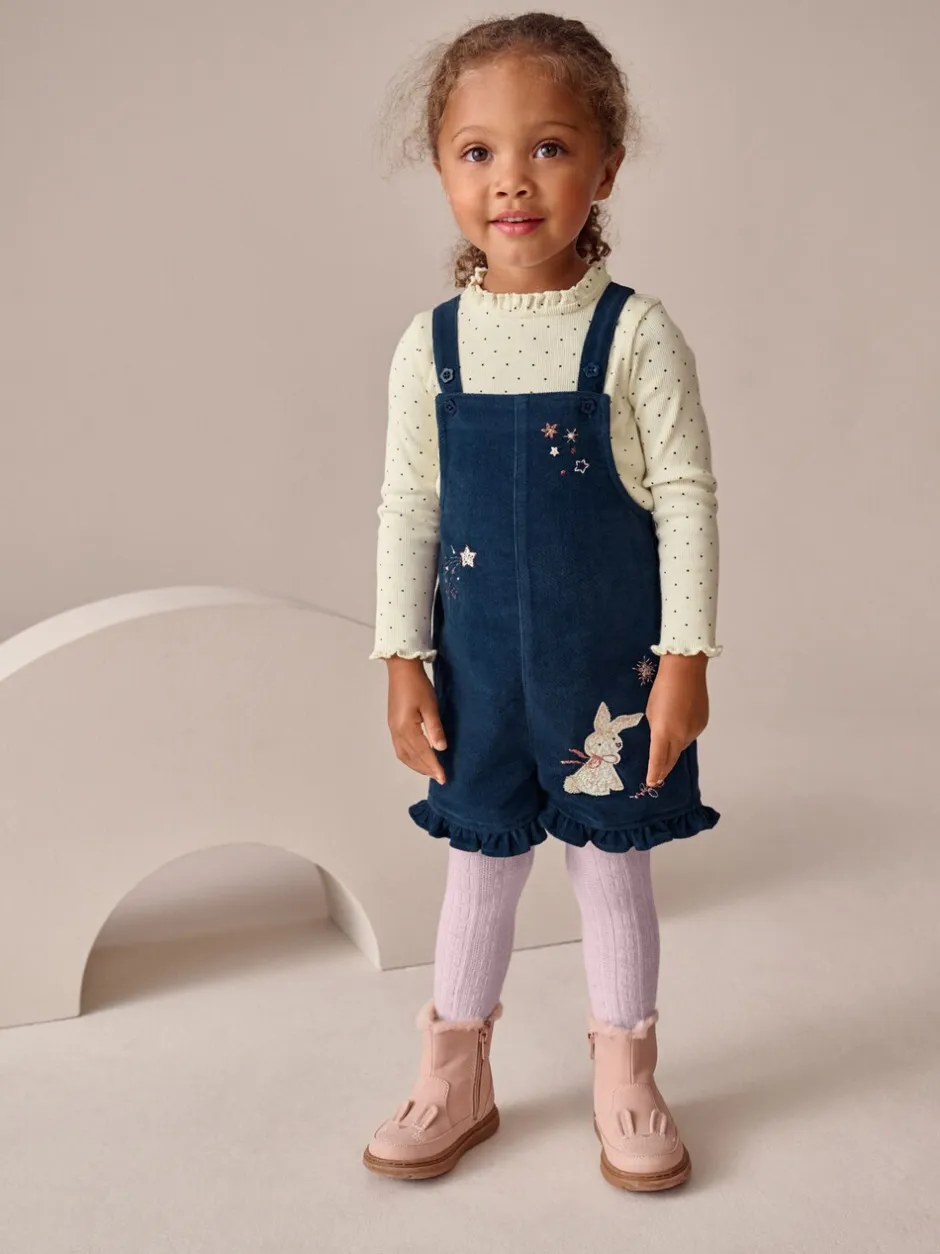 Rompertjes En Tuinbroeken|Tuinbroeken*Next Marineblauw - Bunny Corduroy Dungarees Top and Tights Set (3mths-7yrs)