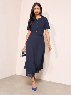 Gelegenheidskleding|Jurken*Friends Like These - Button Down 2-In-1 Pleated Dress Marineblauw