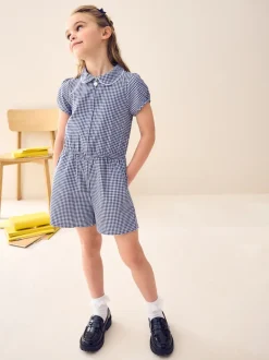 Jumpsuits En Playsuits|Next - Geruit schoolspeelpakje met rits aan de voorzijde en hoog aandeel katoen (3 - 14 jr) Marineblauw