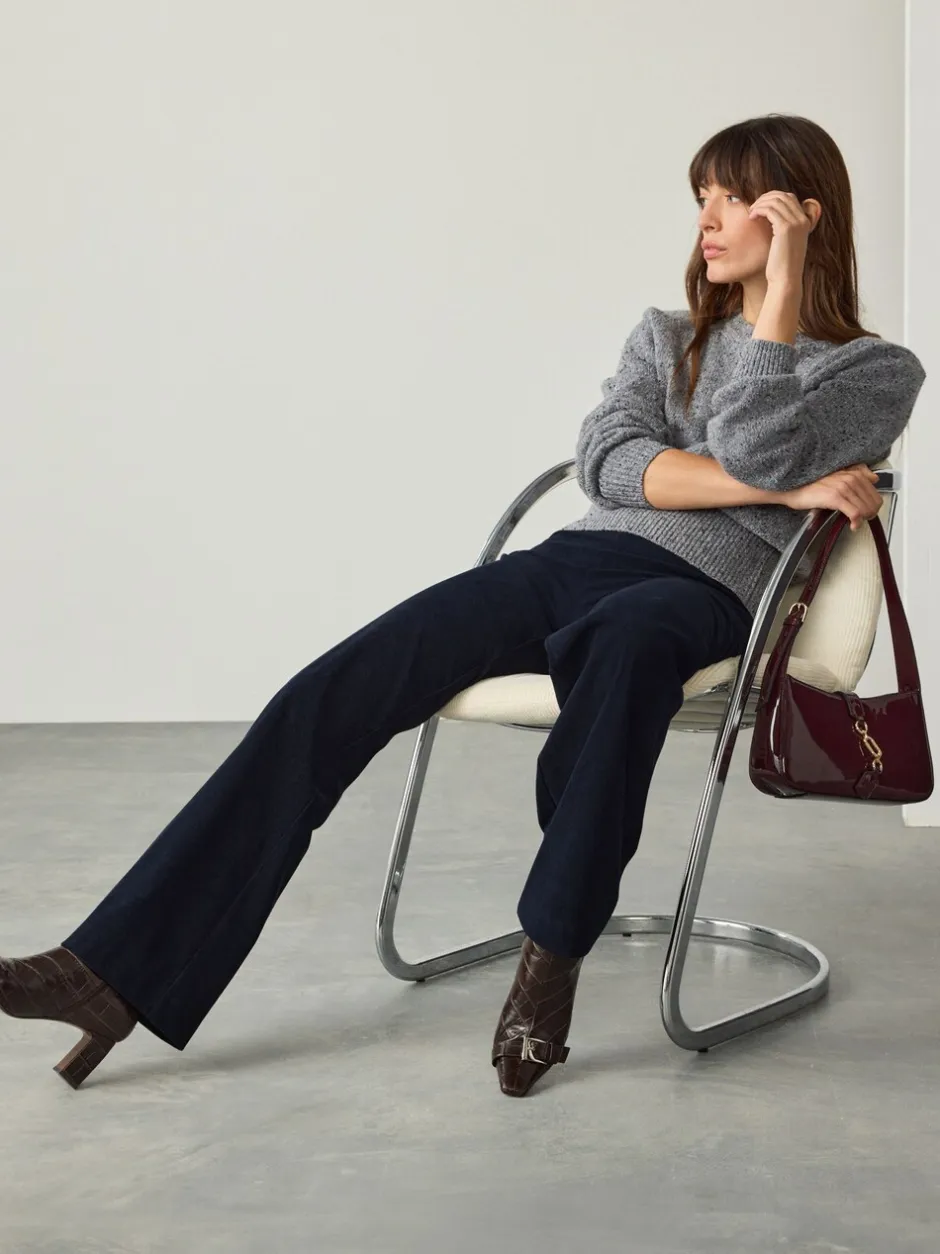 Broeken|Next Marineblauw - Gladmakende corduroy wijde pijpen broek