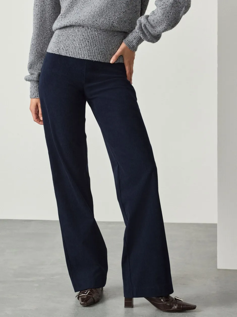 Broeken|Next Marineblauw - Gladmakende corduroy wijde pijpen broek