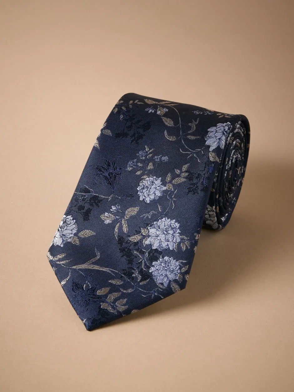 Stropdassen En Pochets*Next - Italiaanse zijden stropdas met bloemenprintontwerp Marineblauw