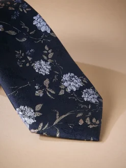 Stropdassen En Pochets*Next - Italiaanse zijden stropdas met bloemenprintontwerp Marineblauw