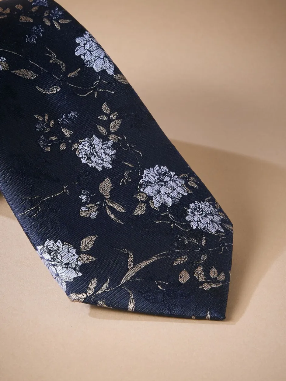 Stropdassen En Pochets*Next - Italiaanse zijden stropdas met bloemenprintontwerp Marineblauw
