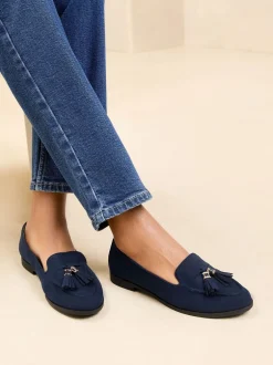 Lage Schoenen|Ruimvallend En Extraruimvallend*Lipsy - Platte Loafers met Smalle Zool en Kwastjes Marineblauw