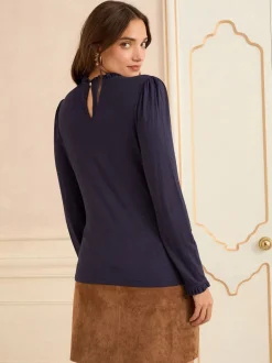 Blouses En Overhemden|Love & Roses Marineblauw - jersey top met ruches aan de hals en lange mouwen