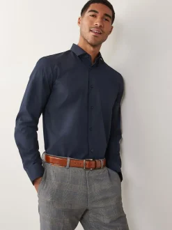 Formele Overhemden|Shirts*Next Marineblauw - Normale Pasvorm - Strijkvrij net overhemd met enkele manchet