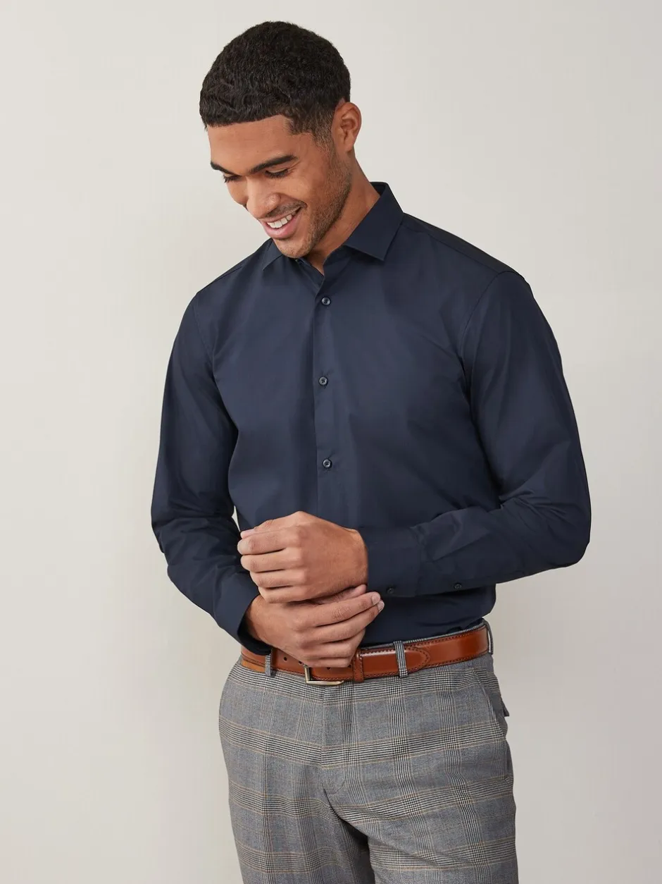 Formele Overhemden|Shirts*Next Marineblauw - Normale Pasvorm - Strijkvrij net overhemd met enkele manchet