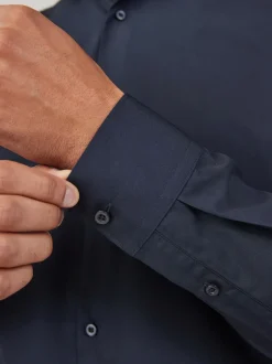 Formele Overhemden|Shirts*Next Marineblauw - Normale Pasvorm - Strijkvrij net overhemd met enkele manchet