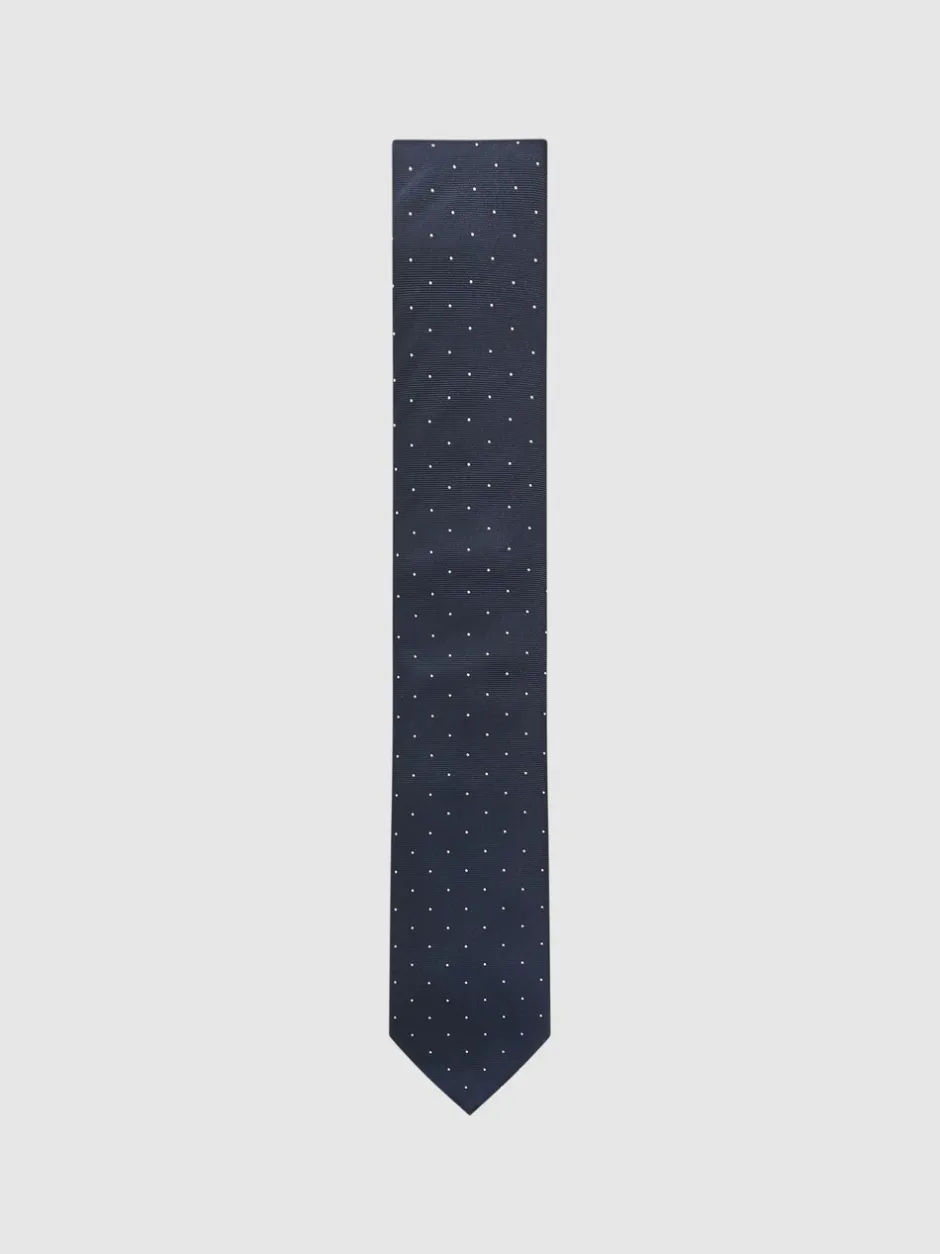 Stropdassen En Pochets|Reiss Marineblauw - zijden Liam stropdas met stippen