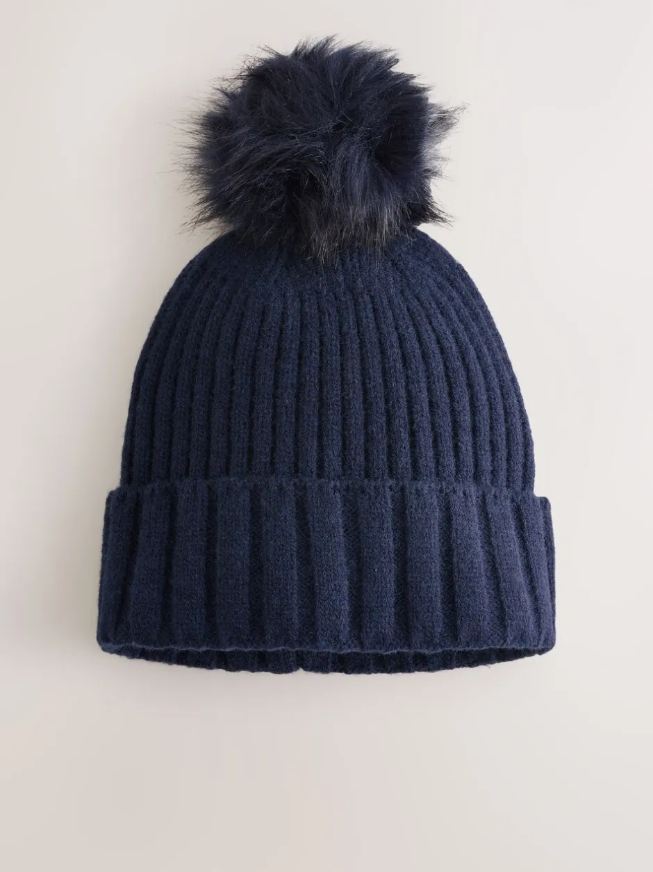 Mutsen, Handschoenen En Sjaals|Next Marineblauw - Rib Knit Pom Hat