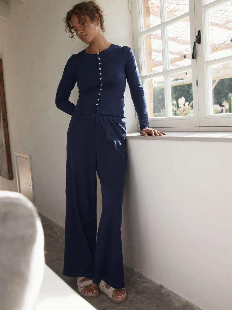 Loungewear|Alle Nacht- En Loungekleding*self. - Geribbelde pyjama met knopen Marineblauw
