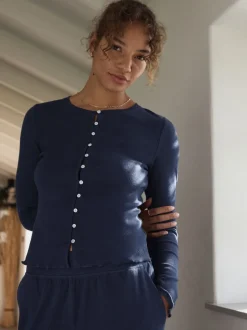 Loungewear|Alle Nacht- En Loungekleding*self. - Geribbelde pyjama met knopen Marineblauw