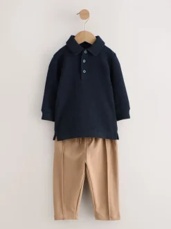 Tops|Joggingbroeken*Next - Set van poloshirt met lange mouwen en joggingbroek (3mnd-7jr) Marineblauw
