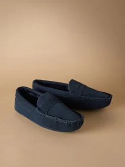 Pantoffels*Next - Signature Suede Fabric Trim Moccasin Slippers Marineblauw