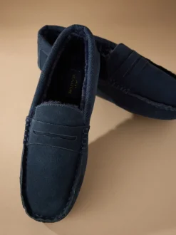Pantoffels*Next - Signature Suede Fabric Trim Moccasin Slippers Marineblauw