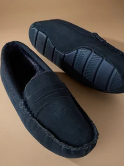 Pantoffels*Next - Signature Suede Fabric Trim Moccasin Slippers Marineblauw