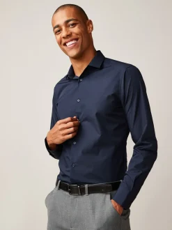 Formele Overhemden|Shirts|Next - Slim Fit - Strijkvrij net overhemd met enkele manchet Marineblauw