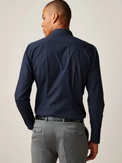 Formele Overhemden|Shirts|Next - Slim Fit - Strijkvrij net overhemd met enkele manchet Marineblauw