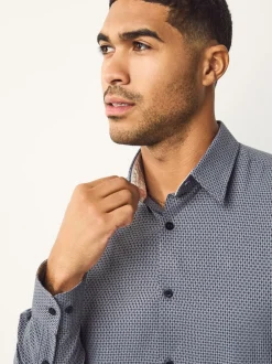 Formele Overhemden|Next Marineblauw - Smart Cotton Rich Trimmed Textured Shirt