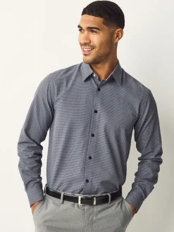 Formele Overhemden|Next Marineblauw - Smart Cotton Rich Trimmed Textured Shirt