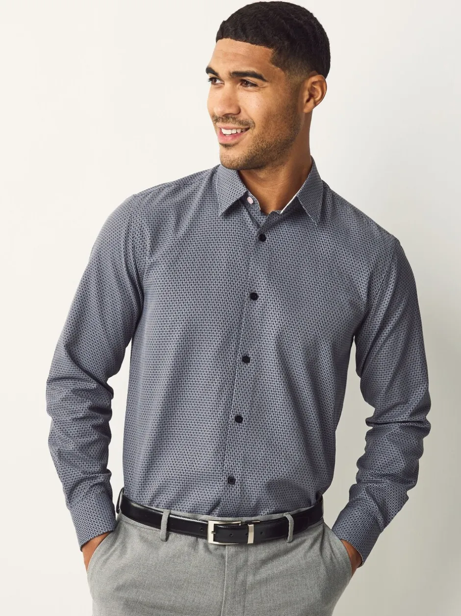 Formele Overhemden|Next Marineblauw - Smart Cotton Rich Trimmed Textured Shirt